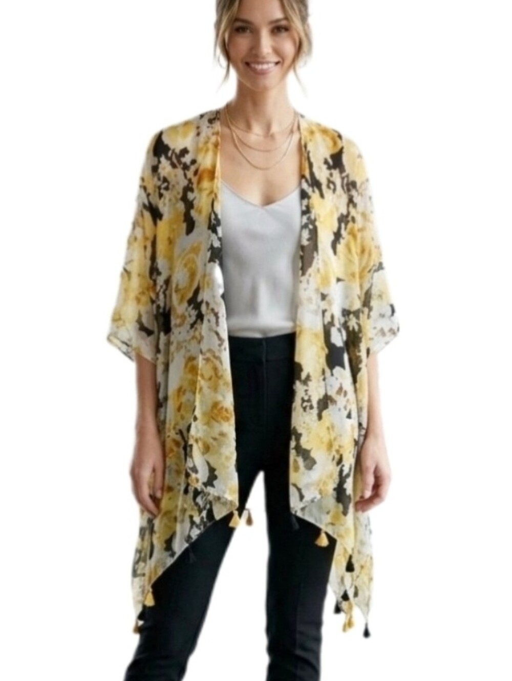 Est. 1946 Floral Semi Sheer Tassled Hem Kimono Style Cover Up Yellow Size OS - Picture 4 of 11